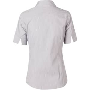 A short-sleeved women's button-up shirt in light grey with white ticking stripes, featuring a branded logo.