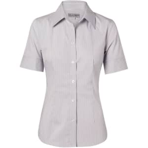 A short-sleeved button-up shirt featuring a grey and white ticking stripe pattern. It has a classic collar and a fitted silhouette.