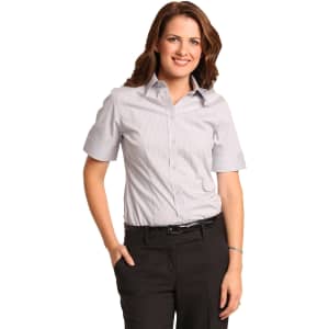 A short-sleeved women's button-up shirt with a light grey ticking stripe pattern, featuring a professional collar and fitted design.