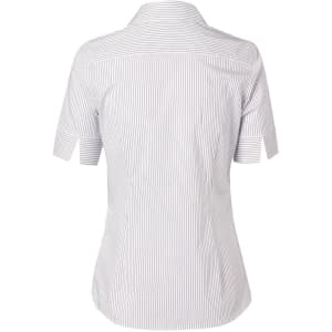 A short-sleeved women's shirt in white with blue ticking stripes, featuring a collared neckline and a fitted design.
