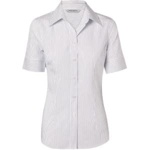 A women's short-sleeve button-up shirt in white with blue ticking stripes, featuring a collar and a fitted design.