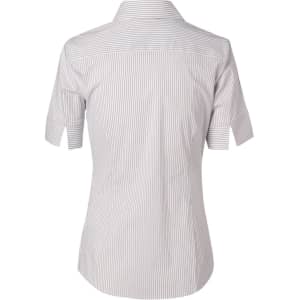 A women's short-sleeve button-up shirt in a ticking stripe pattern, featuring light grey and white colours.