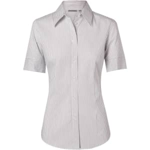 A women's short-sleeve button-up shirt featuring a grey and white ticking stripe pattern. It has a classic collar and a logo.
