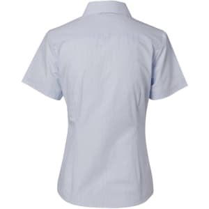 A light blue short-sleeve button-up shirt with fine stripes. The back features a classic collar and has a logo.