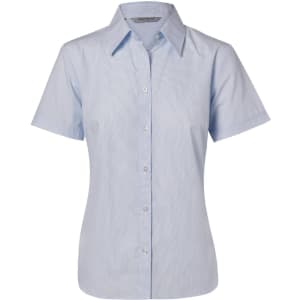A light blue women's button-up shirt with short sleeves and a fine stripe pattern. It features a collar and buttons down the front.