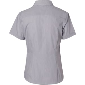 A light grey women's button-up shirt with a fine stripe pattern and short sleeves, featuring a collar and back yoke.