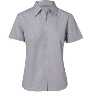 A women's short-sleeve button-up shirt featuring fine stripes in grey with a collar and buttons down the front.
