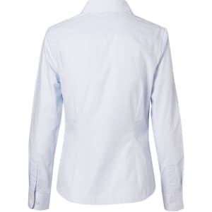 A light blue women's button-up shirt with fine stripes and long sleeves, featuring a branded logo.
