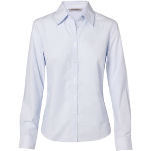 A light blue, fine stripe long sleeve button-up shirt for women, featuring a collar and button front.