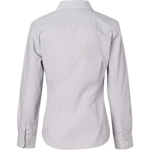 A button-up women's shirt featuring fine stripes in light grey, showcasing a classic collar and long sleeves.
