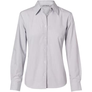 A light grey women's fine stripe long sleeve button-up shirt with a classic collar and button closure.