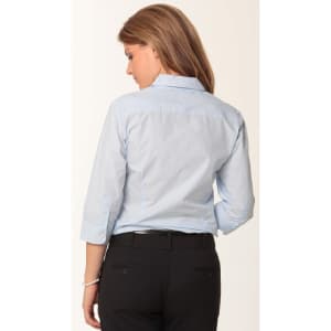 A women's light blue fine stripe 3/4 sleeve button-up shirt, featuring a stylish collar and a fitted back design.