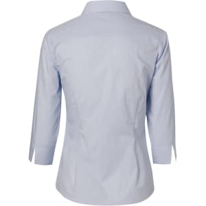 A light blue women's fine stripe button-up shirt with 3/4 sleeves, featuring a classic collar and a fitted silhouette.