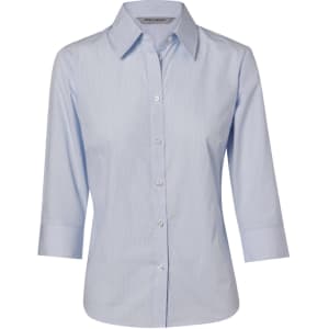 A light blue women's button-up shirt with fine stripes and 3/4 sleeves, featuring a collar and a logo.