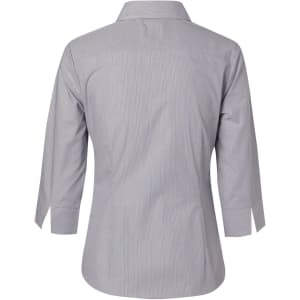 A grey women's button-up shirt featuring fine stripes and 3/4 sleeves, with a logo on the back.