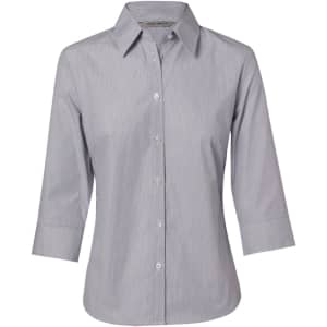 A women's button-up shirt in light grey with fine stripes and 3/4 sleeves. The shirt features a collar and buttons.