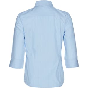 A light blue women's pin stripe button-up shirt with 3/4 sleeves and a back view. It has a collar and features a logo.