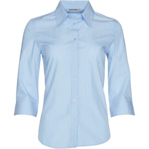 A light blue women's pinstripe 3/4 sleeve button-up shirt with a collar and a logo tag.