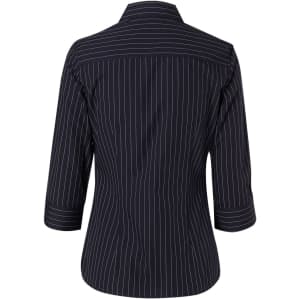 A women's navy pinstripe button-up shirt featuring 3/4 sleeves and a collar, with a logo present on the design.