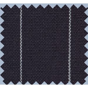 A swatch of dark fabric with narrow white pinstripes, featuring a textured weave and zigzag cut edges.