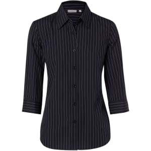 A women's navy pinstripe button-up shirt with 3/4 sleeves and a collar, featuring a logo.