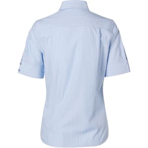 A light blue women's pinstripe short sleeve button-up shirt with a back view and decorative buttons on the sleeves.