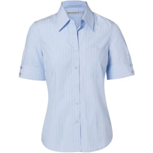 A light blue women's pinstripe short sleeve shirt with a button-up front and a chest pocket.
