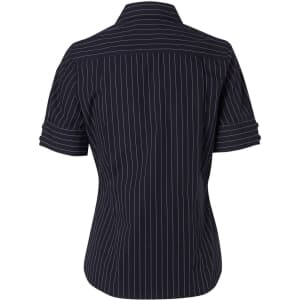 A navy women's pin stripe short sleeve button-up shirt with rolled cuffs. The back design features subtle pinstripes and a collar.
