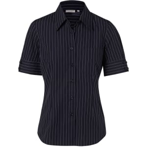 A black women's short sleeve button-up shirt featuring a pinstripe pattern and a chest pocket.
