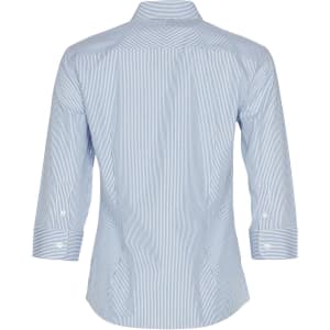 A blue and white striped women's button-up shirt with 3/4 sleeves and a back view. Features a logo.