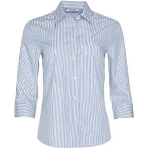 A light blue and white striped women's button-up shirt with 3/4 sleeves and a pointed collar. Features a logo.