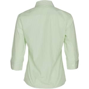 A green and white striped women's button-up shirt with 3/4 sleeves and a collar, featuring a logo.