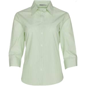 A green striped 3/4 sleeve button-up shirt featuring a collar and a logo on the label.