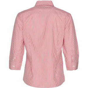 A women's 3/4 sleeve button-up shirt featuring red and white stripes, with a classic collar and a logo.