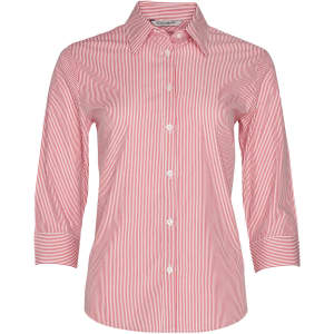 A women's button-up shirt with a red and white stripe pattern and 3/4 sleeves. Features a collar and buttons.