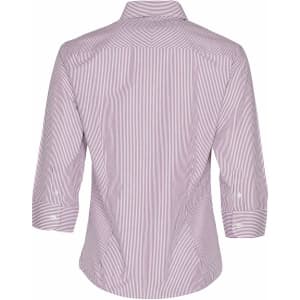 A women's button-up shirt featuring red and white stripes with 3/4 sleeves and a collar, displaying a plain back view.