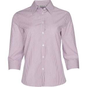 A striped women's button-up shirt with three-quarter sleeves in red and white. Features a collar and a logo.