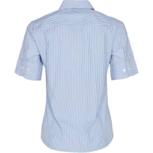 A short sleeve button-up shirt in blue and white stripes, featuring a back view and rolled sleeves. Includes a logo.