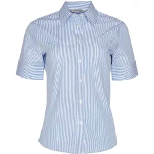 A blue and white striped women's short sleeve button-up shirt featuring a collar and a logo.