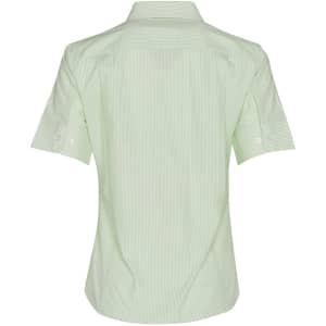 A light green button-up shirt with short sleeves and a striped pattern, featuring a logo on the back.
