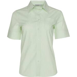 A light green striped short sleeve button-up shirt featuring a collar and a small pocket.