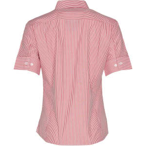 A short-sleeve women's button-up shirt featuring red and white stripes, with a back view showcasing the design.
