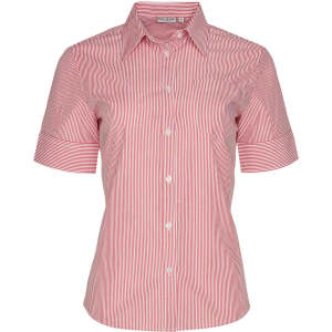 A women's short sleeve button-up shirt featuring red and white stripes and a pocket, with a branding logo.