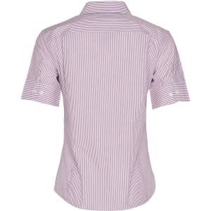A short sleeve button-up shirt with red and white stripes, featuring a collar and a fitted design. It has a logo.