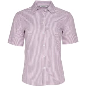 A short sleeve button-up shirt in red and white stripes, featuring a single chest pocket and a branded label.
