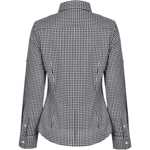 A black and white gingham check women's roll-up long sleeve button-up shirt, featuring a fitted design and collar.