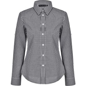 A button-up shirt featuring a black and white gingham check pattern, with long sleeves and a collared neckline.