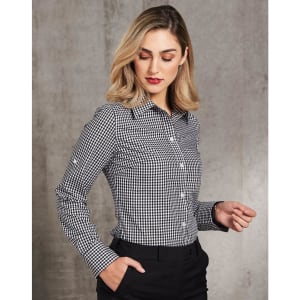 A women's long-sleeve button-up shirt featuring a black and white gingham check pattern, with a logo.