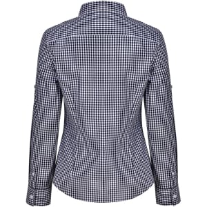 A women's long-sleeve button-up shirt in navy and white gingham check pattern, featuring a roll-up sleeve design and a logo.