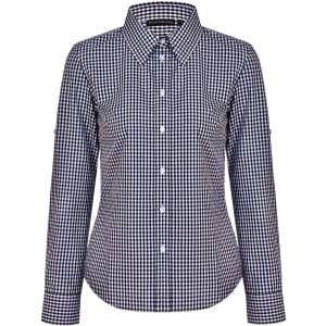A women's button-up shirt featuring a navy and white gingham check pattern, with roll-up long sleeves and a collar.